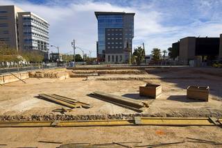 A view of the construction site for the Nevada Court of Appeals building on Clark Avenue between Fourth Street and Las Vegas Boulevard in downtown Las Vegas, Sunday Dec. 13, 2015. The Federal Justice Tower, an 11-story office building under construction, is shone in the background.