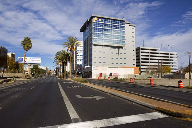 A view of the Federal Justice Tower, an 11-story office building under construction on the southeast corner of Las Vegas Blvd and Clark Avenue in downtown Las Vegas, Sunday Dec. 13, 2015. This view is on Las Vegas Boulevard looking northbound.