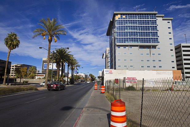 A view of the Federal Justice Tower, an 11-story office building under construction on the southeast corner of Las Vegas Blvd and Clark Avenue in downtown Las Vegas, Sunday Dec. 13, 2015. This view is on Las Vegas Boulevard looking northbound.