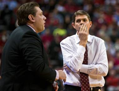 UNLV head coach Dave Rice is dismayed by another foul call versus Arizona State on Wednesday, Dec. 16, 2015, at the Thomas & Mack Center.