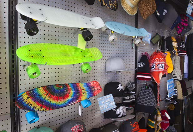 Skateboards and hats in Hot Trendz, 7500 W. Lake Mead Blvd., Monday, Dec. 28, 2015.