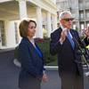 Senate Minority Leader Harry Reid, D-Nev., and House Minority leader Nancy Pelosi, D-Calif., talk during a news conference outside the White House on Sept. 17, 2015, after a meeting with President Barack Obama in Washington, D.C. 