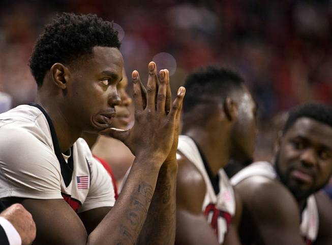 UNLV Rebels forward Dwayne Morgan reacts to Fresno State pulling ahead during the Mountain West opener Wednesday, Dec. 31, 2015, at the Thomas & Mack Center.