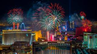 New Year's Eve fireworks, as seen from atop Trump Tower, explode over the Las Vegas Strip just after midnight Friday, Jan. 1, 2016.