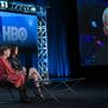 Gloria Vanderbilt, from left, director Liz Garbus and executive producer Anderson Cooper (via satellite) participate in the panel for "Nothing Left Unsaid: Gloria Vanderbilt and Anderson Cooper" at the HBO 2016 Winter TCA on Thursday, Jan. 7, 2016, in Pasadena, Calif. 