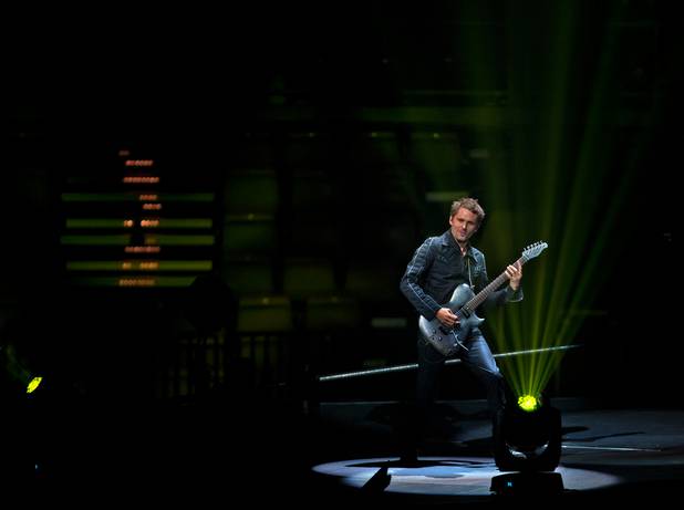 Muse frontman and guitarist Matt Bellamy performs Saturday, Jan. 9, ...