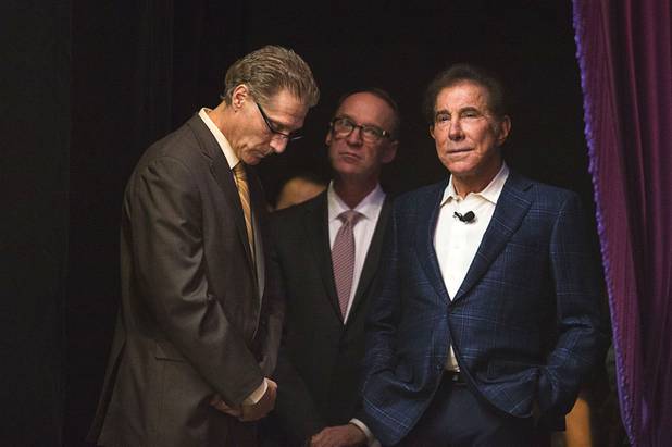 Steve Wynn, right, chairman and CEO of Wynn Resorts,  waits to be introduced during the annual Electronics For Imaging (EFI) users conference at Wynn Las Vegas Tuesday, Jan. 19, 2016.