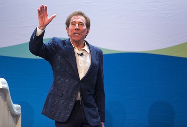 Steve Wynn, chairman and CEO of Wynn Resorts, waves after a keynote address during the annual Electronics For Imaging (EFI) users conference at Wynn Las Vegas Tuesday, Jan. 19, 2016.