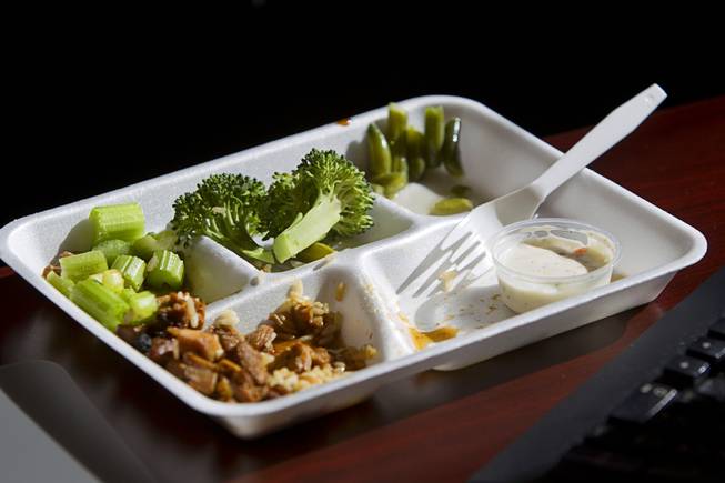 A lunch tray is shown on the desk of dietitian Christina Saheb at the Clark County School District  Food Service facility Monday, Jan. 25, 2016.