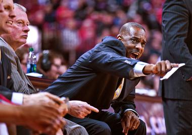 UNLV Associate Head Coach Stacey Augmon barks orders from the bench versus San Diego State during their game at the Thomas & Mack Center on Saturday, January 30, 2016.