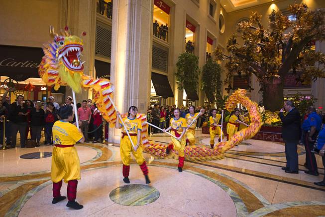 Dragon dancers perform in the Waterfall Atrium and Gardens of The Palazzo during Chinese New Year celebrations Monday, Feb. 8, 2016. The Chinese New Year, the Year of the Monkey, began Monday.