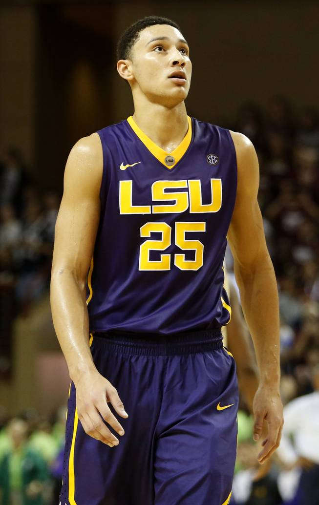 LSU's Ben Simmons walks down the court late in the second half while the College of Charleston secures the win during the second half of an NCAA college basketball game at TD Arena, Monday Nov. 30, 2015, in Charleston, S.C. The College of Charleston went on to win 70-58.