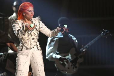Lady Gaga performs a tribute to David Bowie at the 58th annual Grammy Awards on Monday, Feb. 15, 2016, in Los Angeles.