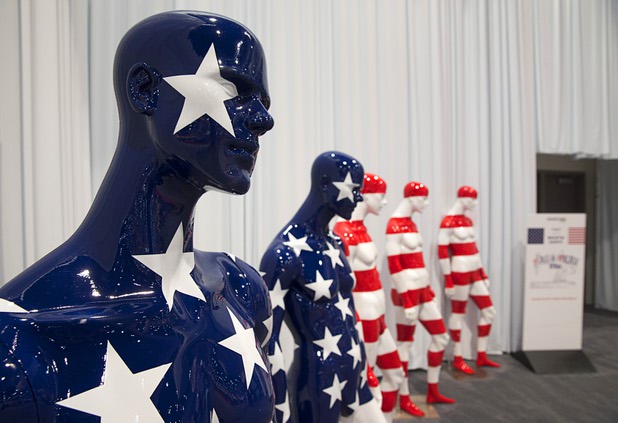 A patriotic display of mannequins is shown during the Magic fashion convention at the Las Vegas Convention Center Thursday, Feb. 18, 2016.