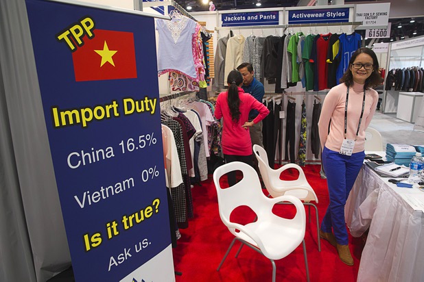Betty Huynh is shown in the Thai Son S.P. Sewing Factory booth during the Magic fashion convention at the Las Vegas Convention Center Thursday, Feb. 18, 2016. Import duties on certain items from Vietnam could drop to zero if the U.S. Congress approves the Trans-Pacific Partnership (TPP).