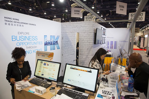 A Hong Kong Trade Development Council booth is shown during the Magic fashion convention at the Las Vegas Convention Center Thursday, Feb. 18, 2016.