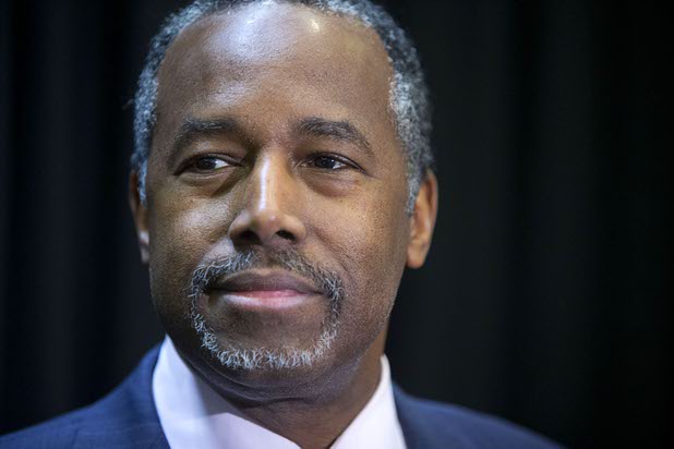 Republican presidential candidate Ben Carson listens to a question from a reporter during a campaign stop at the Mountain Shadows Community Center in Summerlin Tuesday, Feb. 23, 2016.