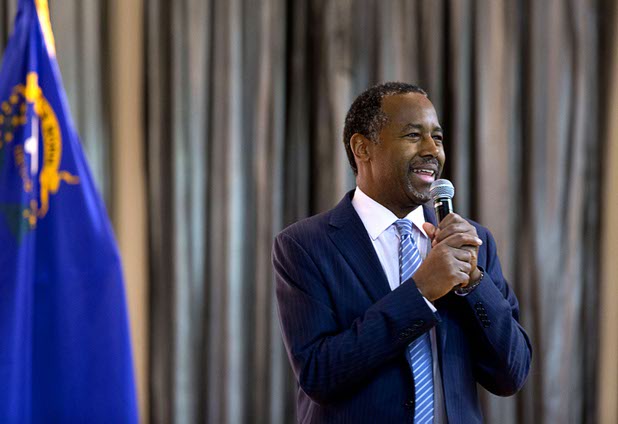 Republican presidential candidate Ben Carson speaks during a campaign stop at the Mountain Shadows Community Center in Summerlin Tuesday, Feb. 23, 2016.