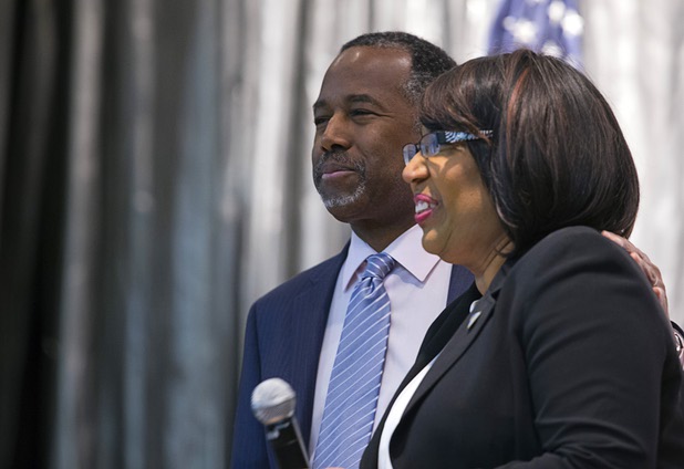 Republican presidential candidate Ben Carson is joined by his wife Lacena "Candy"  Carson during a campaign stop at the Mountain Shadows Community Center in Summerlin Tuesday, Feb. 23, 2016.