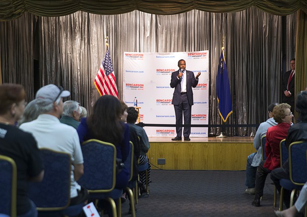 Republican presidential candidate Ben Carson speaks during a campaign stop at the Mountain Shadows Community Center in Summerlin Tuesday, Feb. 23, 2016.