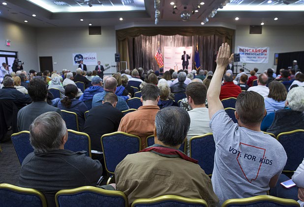 Republican presidential candidate Ben Carson takes questions during a campaign stop at the Mountain Shadows Community Center in Summerlin Tuesday, Feb. 23, 2016.