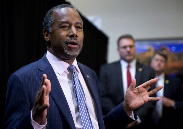 Republican presidential candidate Ben Carson speaks to reporters during a campaign stop at the Mountain Shadows Community Center in Summerlin Tuesday, Feb. 23, 2016.