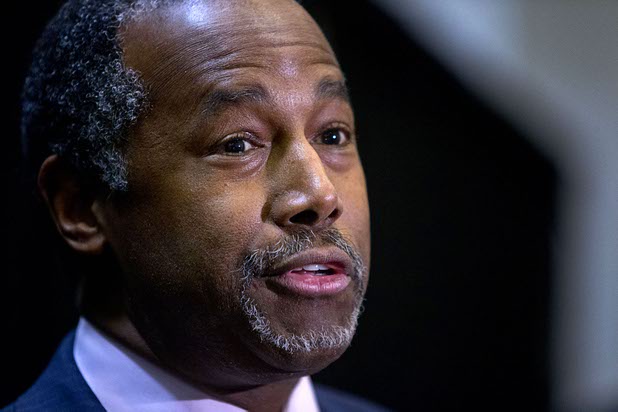 Republican presidential candidate Ben Carson speaks to reporters during a campaign stop at the Mountain Shadows Community Center in Summerlin Tuesday, Feb. 23, 2016.