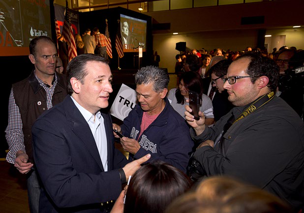 Republican presidential candidate Sen. Ted Cruz (Texas) thanks supporters during a caucus watch party at the Bill & Lillie Heinrich YMCA on Meadows Lane Tuesday, Feb. 23, 2016.