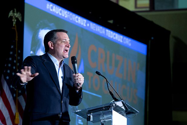 Republican presidential candidate Sen. Ted Cruz (Texas) speaks during a caucus watch party at the Bill & Lillie Heinrich YMCA on Meadows Lane Tuesday, Feb. 23, 2016.