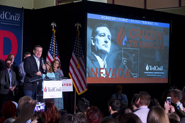 Republican presidential candidate Sen. Ted Cruz (Texas) speaks during a caucus watch party at the Bill & Lillie Heinrich YMCA on Meadows Lane Tuesday, Feb. 23, 2016.