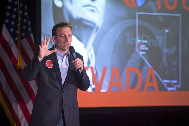 Nevada Attorney General Adam Laxalt introduces Republican presidential candidate Sen. Ted Cruz (Texas) during a caucus watch party at the Bill & Lillie Heinrich YMCA on Meadows Lane Tuesday, Feb. 23, 2016.