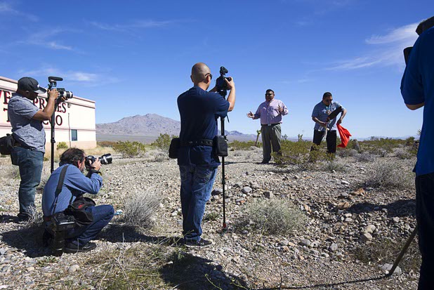 Las Vegas Paiute Chairman Benny Tso, left, and Vice Chairman Chris Spotted Eagle prepare for a blessing ceremony on the site of a future medical marijuana cultivation/production facility on the Snow Mountain Indian reservation Monday, Feb. 29, 2016. The $5 million project is a joint venture between the Las Vegas Paiute tribe and Ultra Health, an Arizona-based company specializing in healthcare cannabis products.