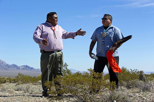 Las Vegas Paiute Chairman Benny Tso, left, and Vice Chairman Chris Spotted Eagle prepare for a blessing ceremony on the site of a future medical marijuana cultivation/production facility on the Snow Mountain Indian reservation Monday, Feb. 29, 2016. The $5 million project is a joint venture between the Las Vegas Paiute tribe and Ultra Health, an Arizona-based company specializing in healthcare cannabis products.