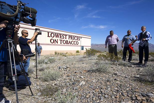 Las Vegas Paiute Chairman Benny Tso, left, Vice Chairman Chris Spotted Eagle, and Duke Rodriguez, president/CEO of Ultra Health prepare for a blessing ceremony on the site of a future medical marijuana cultivation/production facility on the Snow Mountain Indian reservation Monday, Feb. 29, 2016. The $5 million project is a joint venture between the Las Vegas Paiute tribe and Ultra Health, an Arizona-based company specializing in healthcare cannabis products.