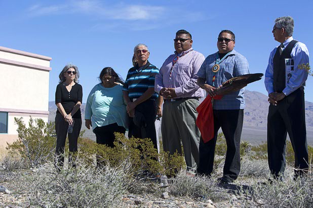 Members of the Las Vegas Paiute tribe and Duke Rodriguez, far right, president/CEO of Ultra Health, prepare for a blessing ceremony on the site of a future medical marijuana cultivation/production facility on the Snow Mountain Indian reservation Monday, Feb. 29, 2016.  Tribe members from left: Debra Faria, Marla Pete, Curtis Anderson, Benny Tso, chairman, and Chris Spotted Eagle, vice chairman.