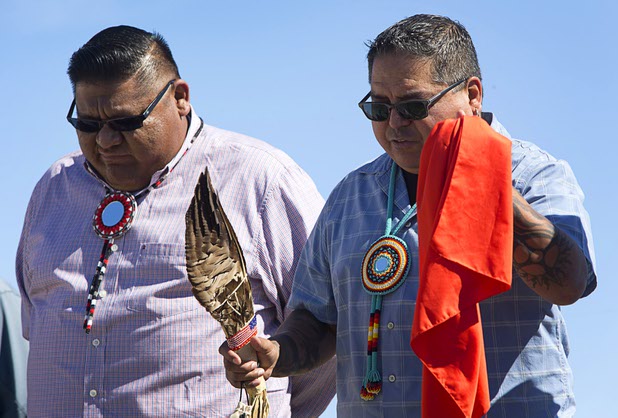 Las Vegas Paiute Chairman Benny Tso, left, and Vice Chairman Chris Spotted Eagle conduct a blessing ceremony on the site of a future medical marijuana cultivation/production facility on the Snow Mountain Indian reservation Monday, Feb. 29, 2016. The $5 million project is a joint venture between the Las Vegas Paiute tribe and Ultra Health, an Arizona-based company specializing in healthcare cannabis products.