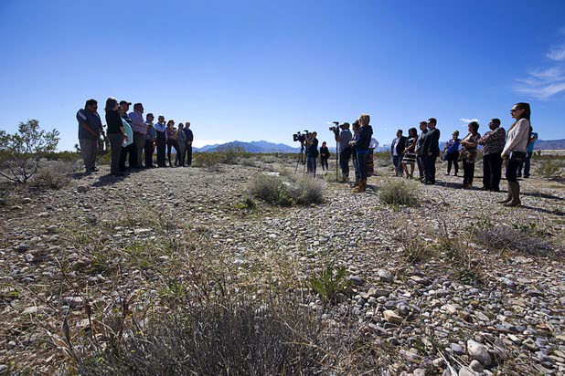 Members of the Las Vegas Paiute tribe and representatives of Ultra Health participate in a blessing ceremony on the site of a future medical marijuana cultivation/production facility on the Snow Mountain Indian reservation Monday, Feb. 29, 2016.