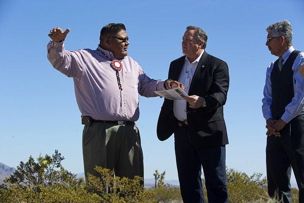 Las Vegas Paiute Chairman Benny Tso, left, talks with Las Vegas City Councilman Steve Ross after a blessing ceremony on the site of a future medical marijuana cultivation/production facility on the Snow Mountain Indian reservation Monday, Feb. 29, 2016. Duke Rodriguez, right, president/CEO of Ultra Health, listens at right. The $5 million project is a joint venture between the Las Vegas Paiute tribe and Ultra Health, an Arizona-based company specializing in healthcare cannabis products.