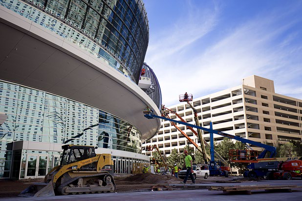 Construction continues on the T-Mobile Arena Tuesday, March 1, 2016. The 20,000-seat arena, a joint venture between AEG and MGM Resorts, is scheduled to host it's first event on April 6.