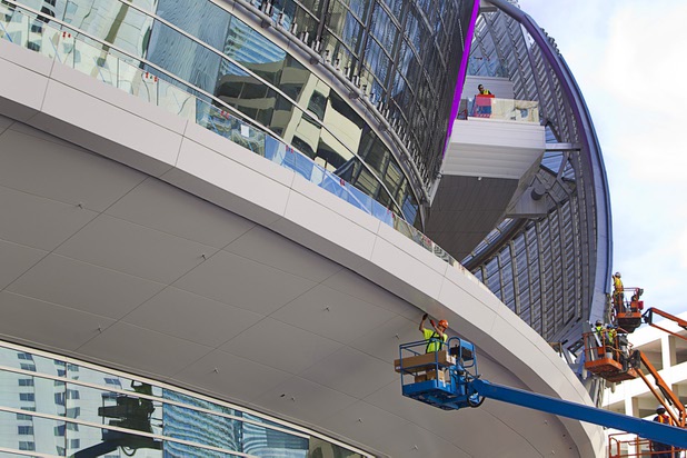 Construction continues on the T-Mobile Arena Tuesday, March 1, 2016. The 20,000-seat arena, a joint venture between AEG and MGM Resorts, is scheduled to host it's first event on April 6.