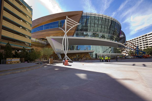 An exterior view of T-Mobile Arena on Tuesday, March 1, 2016, between Monte Carlo and New York-New York. The 20,000-seat arena, a joint venture between AEG and MGM Resorts International, is scheduled to host its first event April 6.