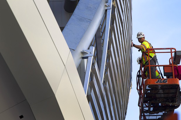 A worker is shown at the T-Mobile Arena Tuesday, March 1, 2016. The 20,000-seat arena, a joint venture between AEG and MGM Resorts, is scheduled to host it's first event on April 6.