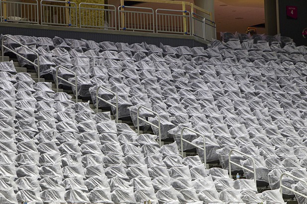 Seats are covered in protective plastic during construction of the T-Mobile Arena Tuesday, March 1, 2016. The 20,000-seat arena, a joint venture between AEG and MGM Resorts, is scheduled to host it's first event on April 6.