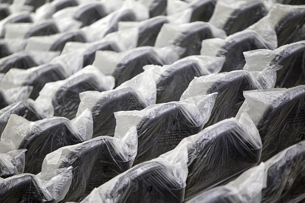 Seats are covered in protective plastic during construction of the T-Mobile Arena Tuesday, March 1, 2016. The 20,000-seat arena, a joint venture between AEG and MGM Resorts, is scheduled to host it's first event on April 6.