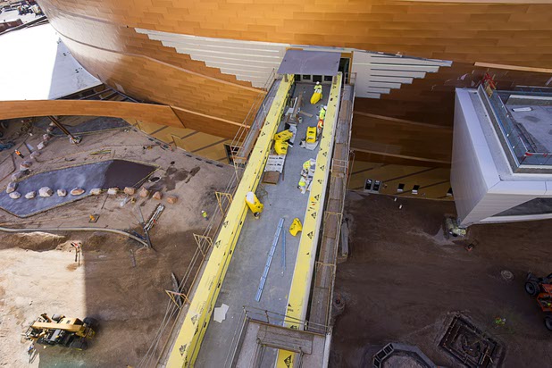 A skywalk that will connect the New York-New York parking garage and the T-Mobile Arena is shown under construction Tuesday, March 1, 2016. The 20,000-seat arena, a joint venture between AEG and MGM Resorts, is scheduled to host it's first event on April 6.