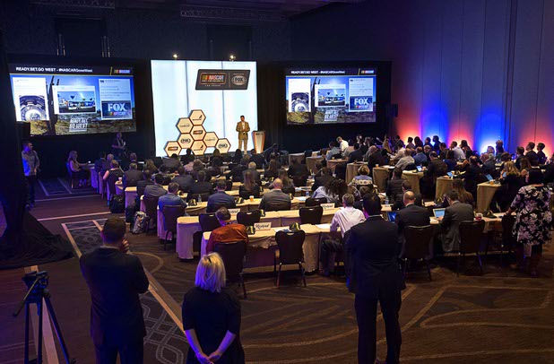 Lou Garate, managing director, partnership marketing for NASCAR, speaks at a Las Vegas NASCAR Fuel for Business Council meeting at the Cosmopolitan Thursday, March 3, 2016. At the meeting, it was announced that Las Vegas-based Allegiant Air will be the official passenger airline of NASCAR.