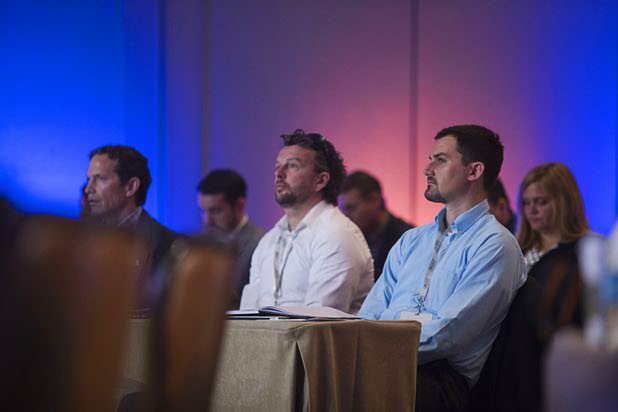 NASCAR business sponsors and representatives listen to Lou Garate, managing director, partnership marketing for NASCAR, at a Las Vegas NASCAR Fuel for Business Council meeting at the Cosmopolitan Thursday, March 3, 2016. At the meeting, it was announced that Las Vegas-based Allegiant Air will be the official passenger airline of NASCAR.