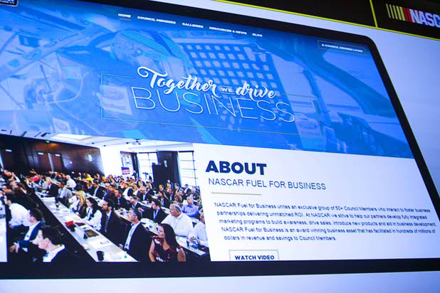 A NASCAR Fuel for Business website is displayed during a Las Vegas NASCAR Fuel for Business Council meeting at the Cosmopolitan Thursday, March 3, 2016. At the meeting, it was announced that Las Vegas-based Allegiant Air will be the official passenger airline of NASCAR.
