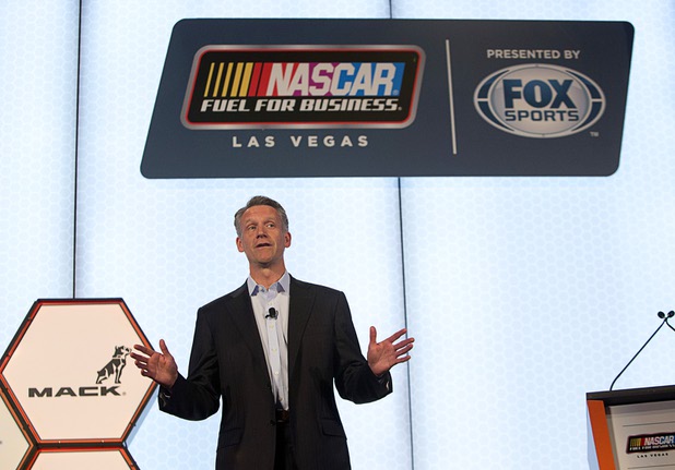 Steve Phelps, NASCAR executive vice president and chief marketing officer, announces a sponsorship deal with Allegiant Air during a Las Vegas NASCAR Fuel for Business Council meeting at the Cosmopolitan Thursday, March 3, 2016. At the meeting, it was announced that Las Vegas-based Allegiant Air will be the official passenger airline of NASCAR.