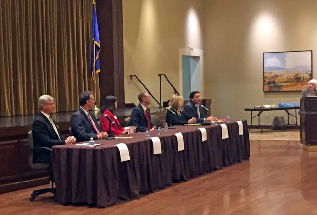 The six Republican candidates for Nevada’s 3rd Congressional District — from left, Air Force veteran Kerry Bowers, Danny Tarkanian, Annette Teijeiro, former NPRI President Andy Matthews, Assemblywoman Michele Fiore, and Senate Majority Leader Michael Roberson — appear at a debate in Summerlin, Thursday, March 3, 2016.